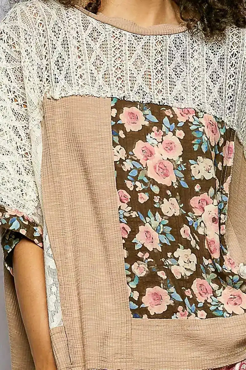 POL Floral Patchwork Lace Accent Blouse - Sleekdenim.com