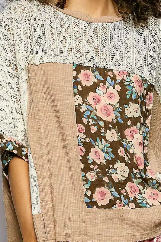 POL Floral Patchwork Lace Accent Blouse - Sleekdenim.com