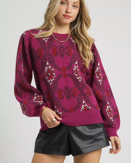 Umgee Boho Patterned Long Sleeve Sweater - Sleekdenim.com