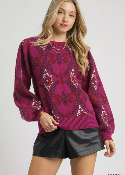 Umgee Boho Patterned Long Sleeve Sweater - Sleekdenim.com