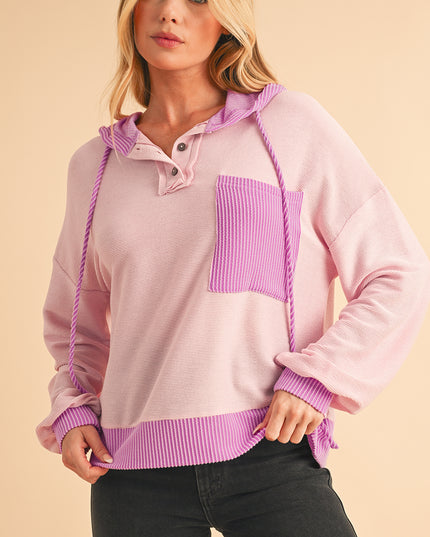 White Corded Patch Pocket Drawstring Henley Long Sleeve Top