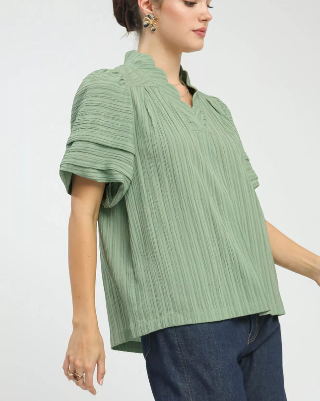 Umgee Seersucker Bubble Sleeve V-Neck Blouse - Sleekdenim.com