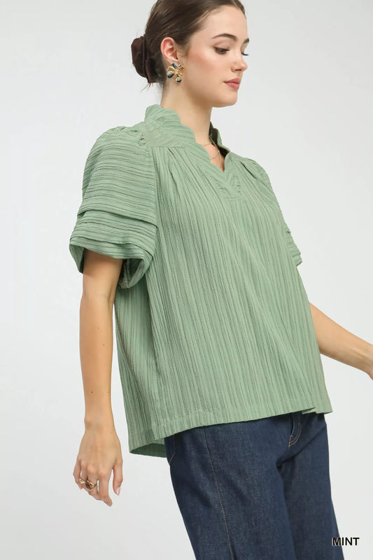 Umgee Seersucker Bubble Sleeve V-Neck Blouse - Sleekdenim.com
