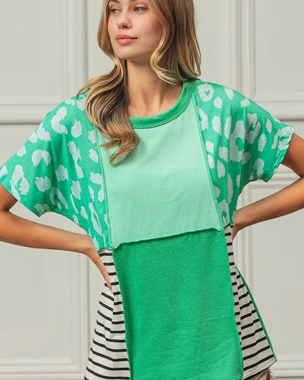 BiBi Leopard and Stripe Color Block Top With Exposed Seam - Sleekdenim.com
