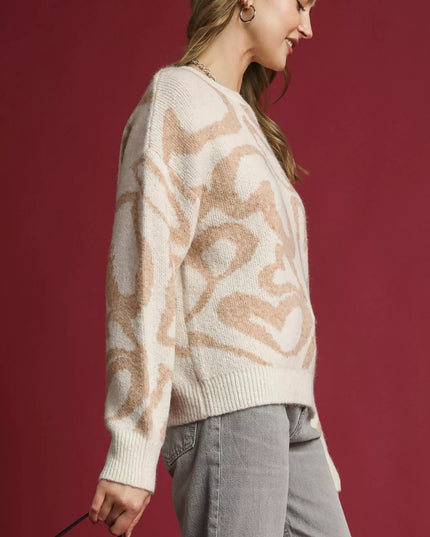 Umgee Heart Print Crew Neck Sweater - Sleekdenim.com