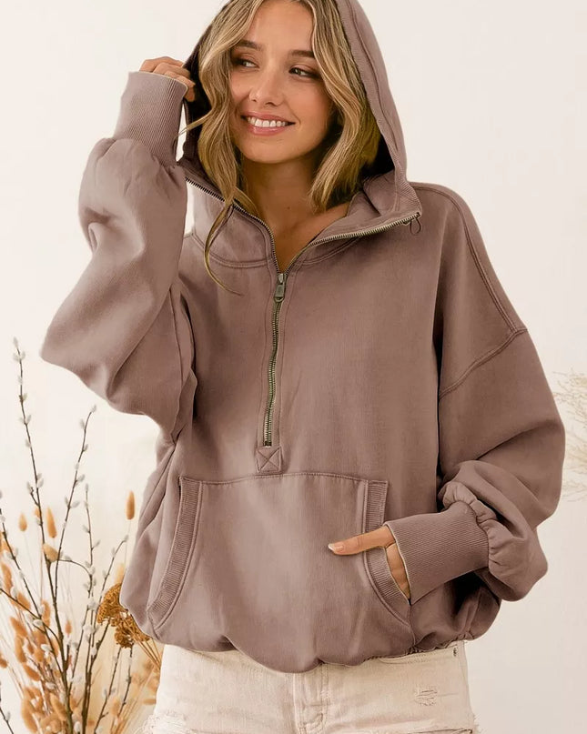 BiBi Stitch Detailed Elastic Hem Half Zip Fleece Hoodie - Sleekdenim.com