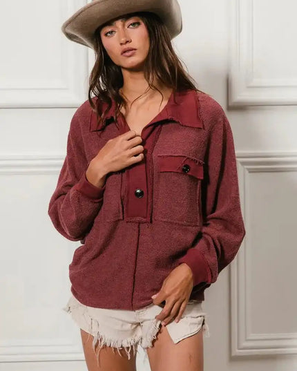 BiBi Cp French Terry Cut Edge Detail Collared Top - Sleekdenim.com