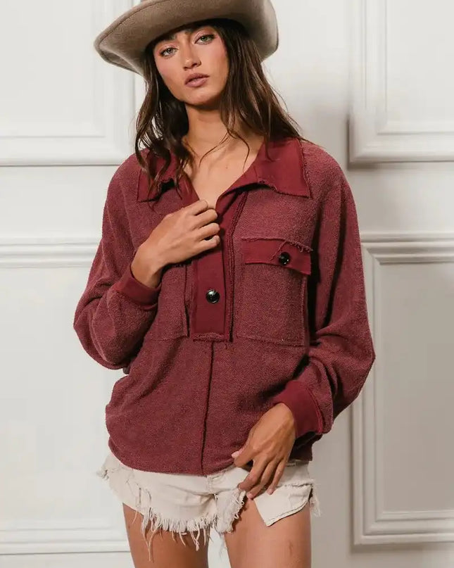 BiBi Cp French Terry Cut Edge Detail Collared Top - Sleekdenim.com