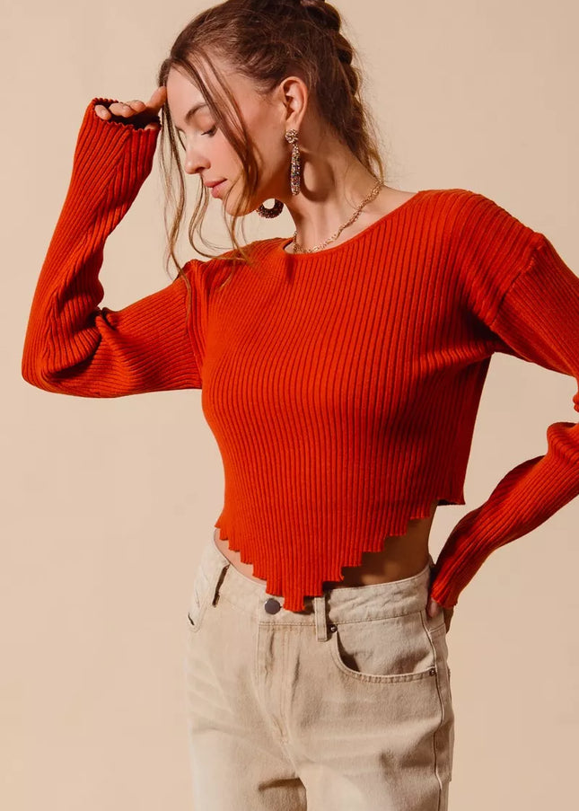 SO ME Rib Knitted Crop Sweater Top With Shaped Hem - Sleekdenim.com