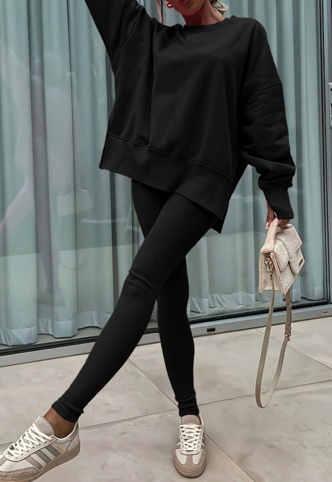 Black Solid Color Oversize Slit Sweatshirt Ribbed Leggings 2pcs Set - 1