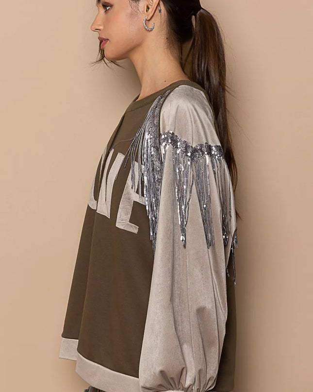 POL Balloon Sleeve French Terry Sweatshirt with Sequin Tassel - Sleekdenim.com