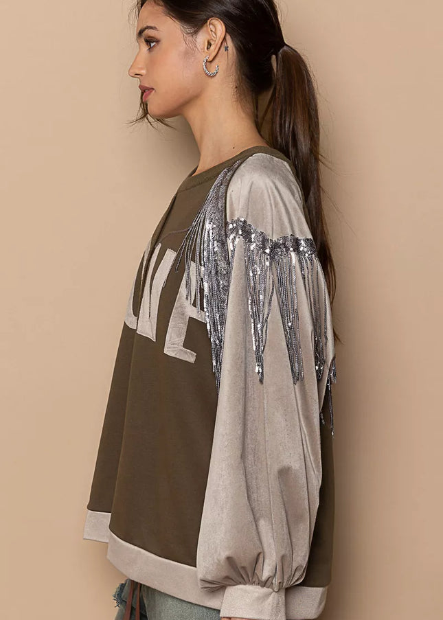 POL Balloon Sleeve French Terry Sweatshirt with Sequin Tassel - Sleekdenim.com
