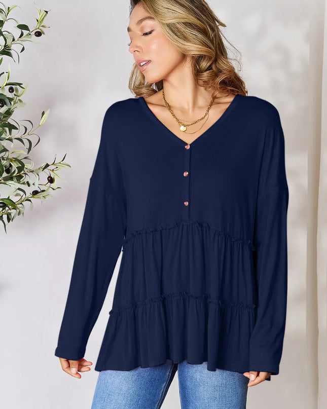Double Take Half Button Long Sleeve Ruffle Hem Blouse - Sleekdenim.com
