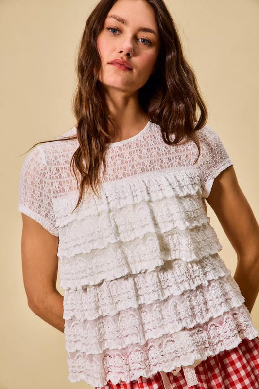 SO ME Ruffle Tiered Stretch Lace Short Sleeves Knit Top - Sleekdenim.com