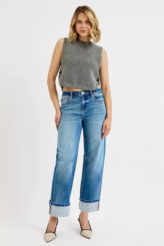 RISEN Mid Rise Slouchy Crop Barrel Cuffed Jeans