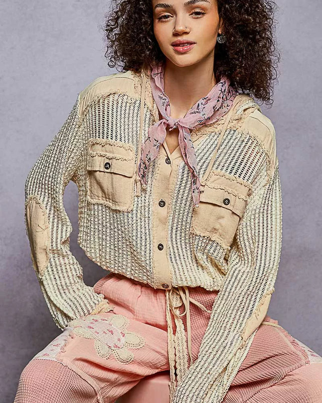 POL Texture Woven Button Down Hooded Shirt with Drawstring Hem - Sleekdenim.com