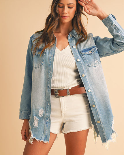 Beau Blue Light Wash Distressed Frayed Long Denim Shacket