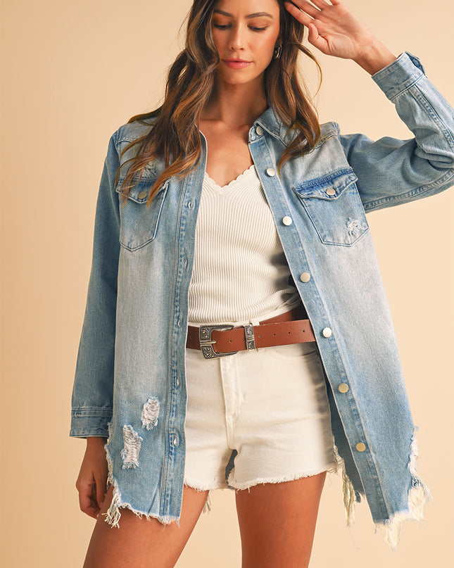 Beau Blue Light Wash Distressed Frayed Long Denim Shacket
