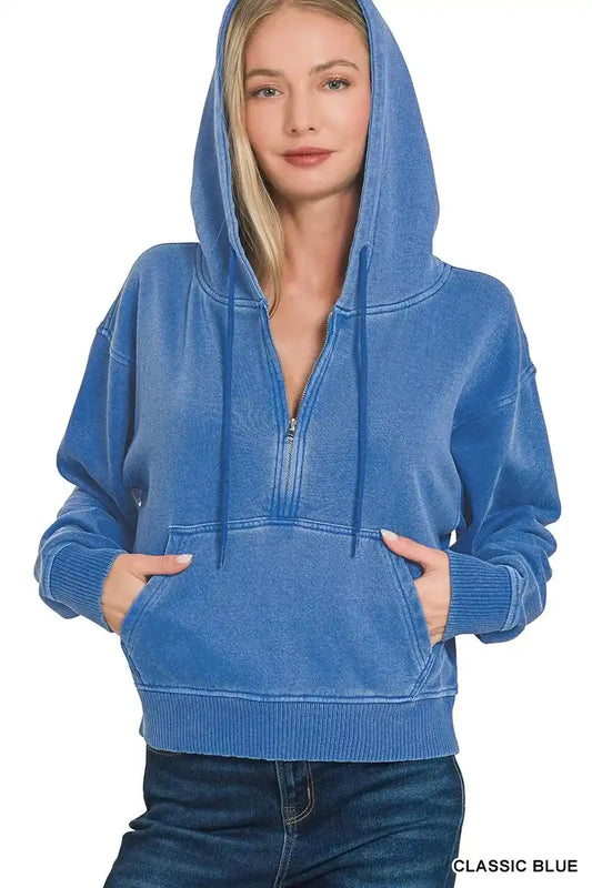 Zenana Fleece Pigment Dye Half Zip Kangaroo Pocket Hoodie