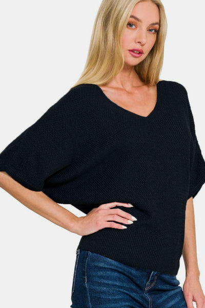 Zenana V-Neck Short Sleeve Dolman Sweater Black