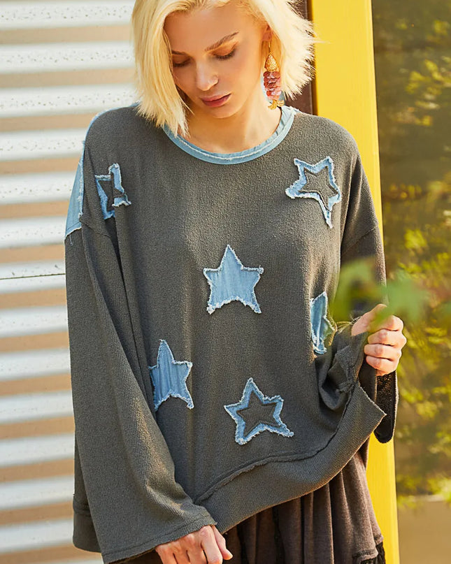 POL Exposed Seam Relaxed Fit Sweater with Star Denim Patch - Sleekdenim.com