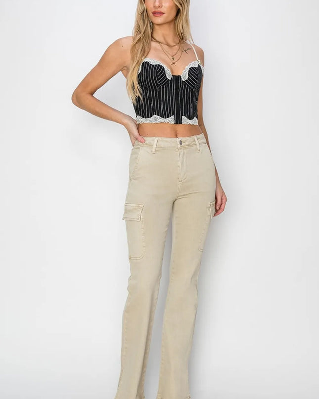 RISEN Full Size High Rise Side Slit Cargo Bootcut Jeans - Sleekdenim.com