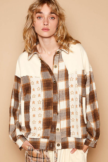 POL Plaid & Star Patchwork Contrast Long Sleeve Shacket | Sleekdenim.com