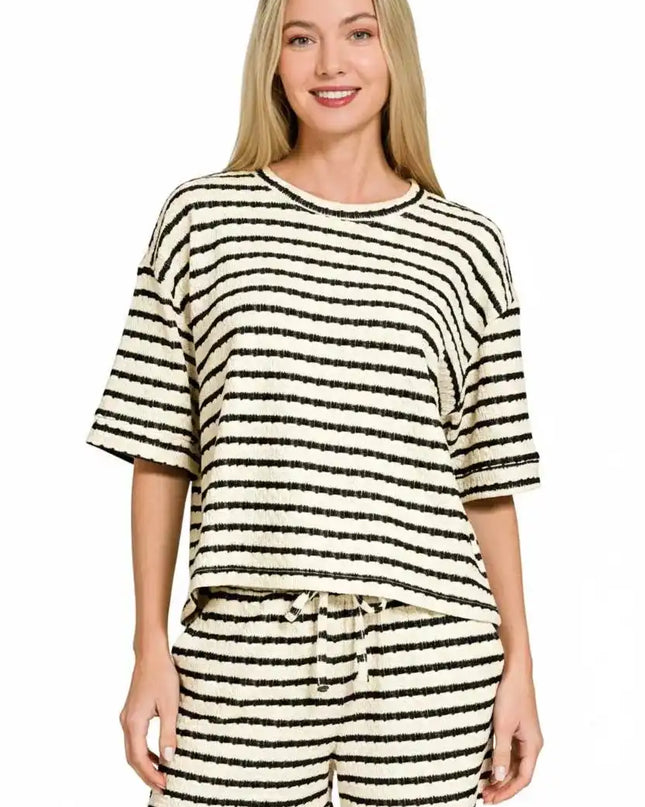 Zenana Striped Short Sleeve Tee & Shorts Set - Sleekdenim.com