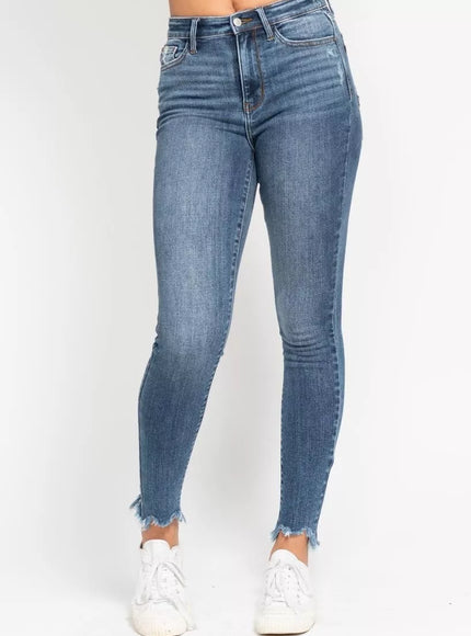 Judy Blue High Waist Skinny Jeans with Destroy & Shark Bit Hem - Sleekdenim.com