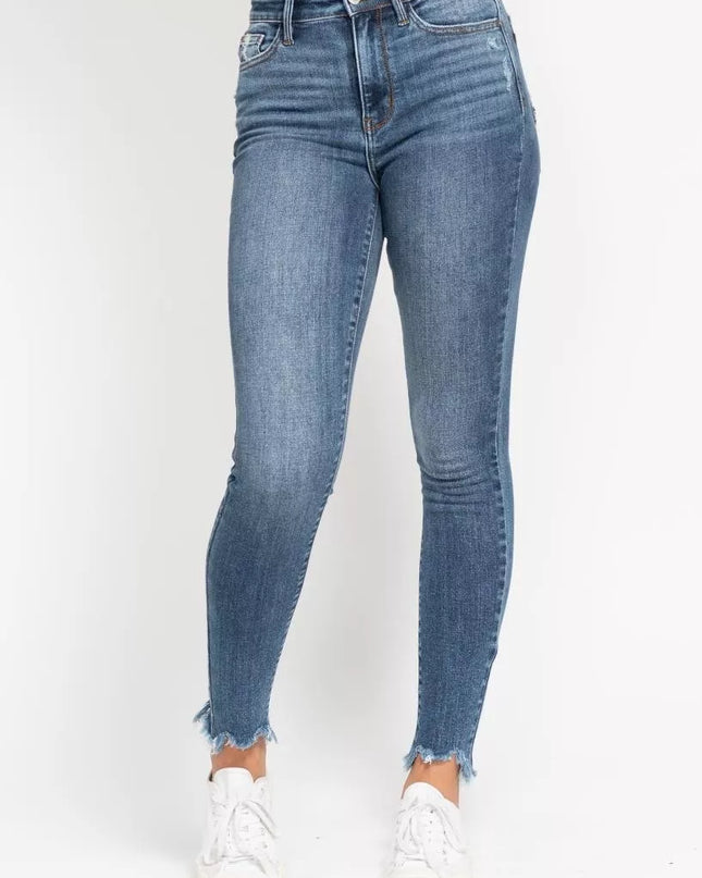 Judy Blue High Waist Skinny Jeans with Destroy & Shark Bit Hem - Sleekdenim.com