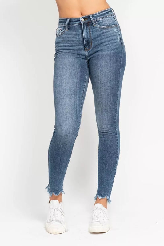 Judy Blue High Waist Skinny Jeans with Destroy & Shark Bit Hem - Sleekdenim.com