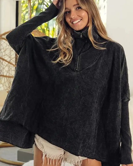 BiBi Vintage Washed Quilted Half Zip Top - Sleekdenim.com