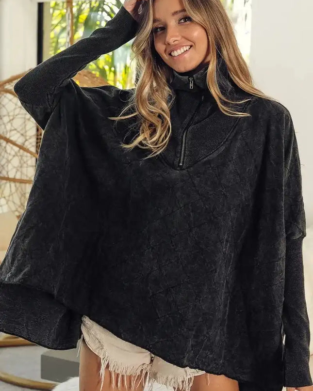 BiBi Vintage Washed Quilted Half Zip Top - Sleekdenim.com