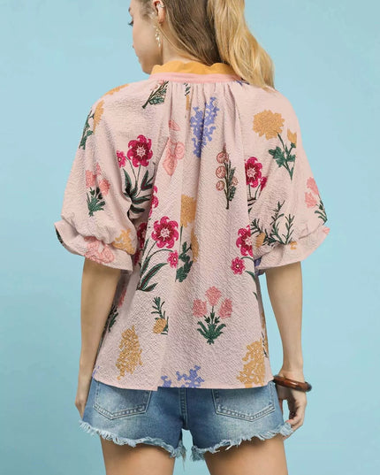Umgee Floral Puff Sleeve Blouse with Scallop Trim Collar - Sleekdenim.com