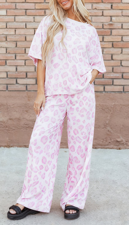 Pink Leopard Two Piece Top and Pants Set - Sleekdenim.com