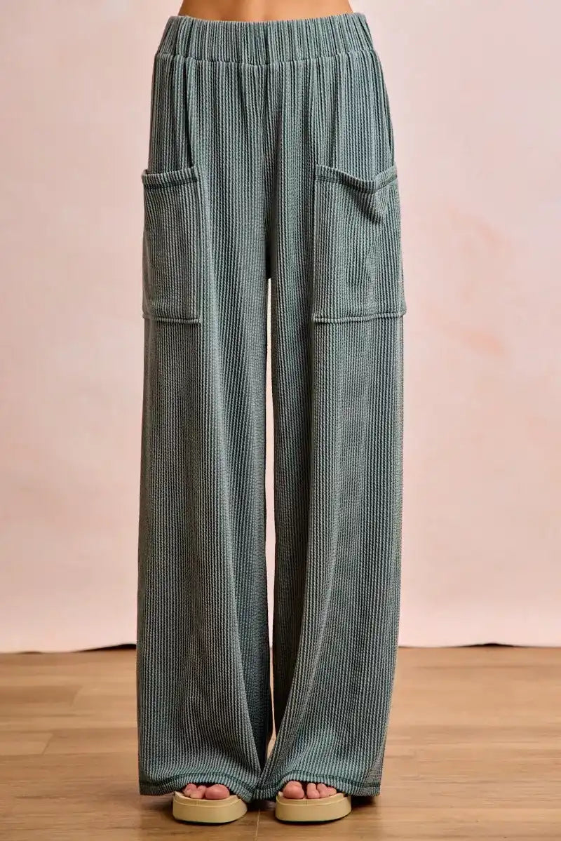 BiBi Two Tone Cord Rib Contrast Stitching V-Neck Top and Pants Set - Sleekdenim.com