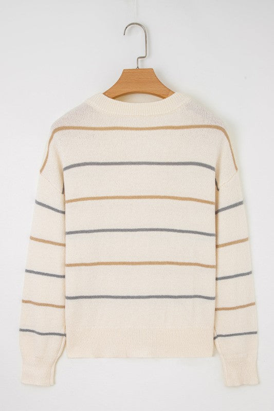 Stripe Buttoned V-Neck Cardigan Sweater - Sleekdenim.com