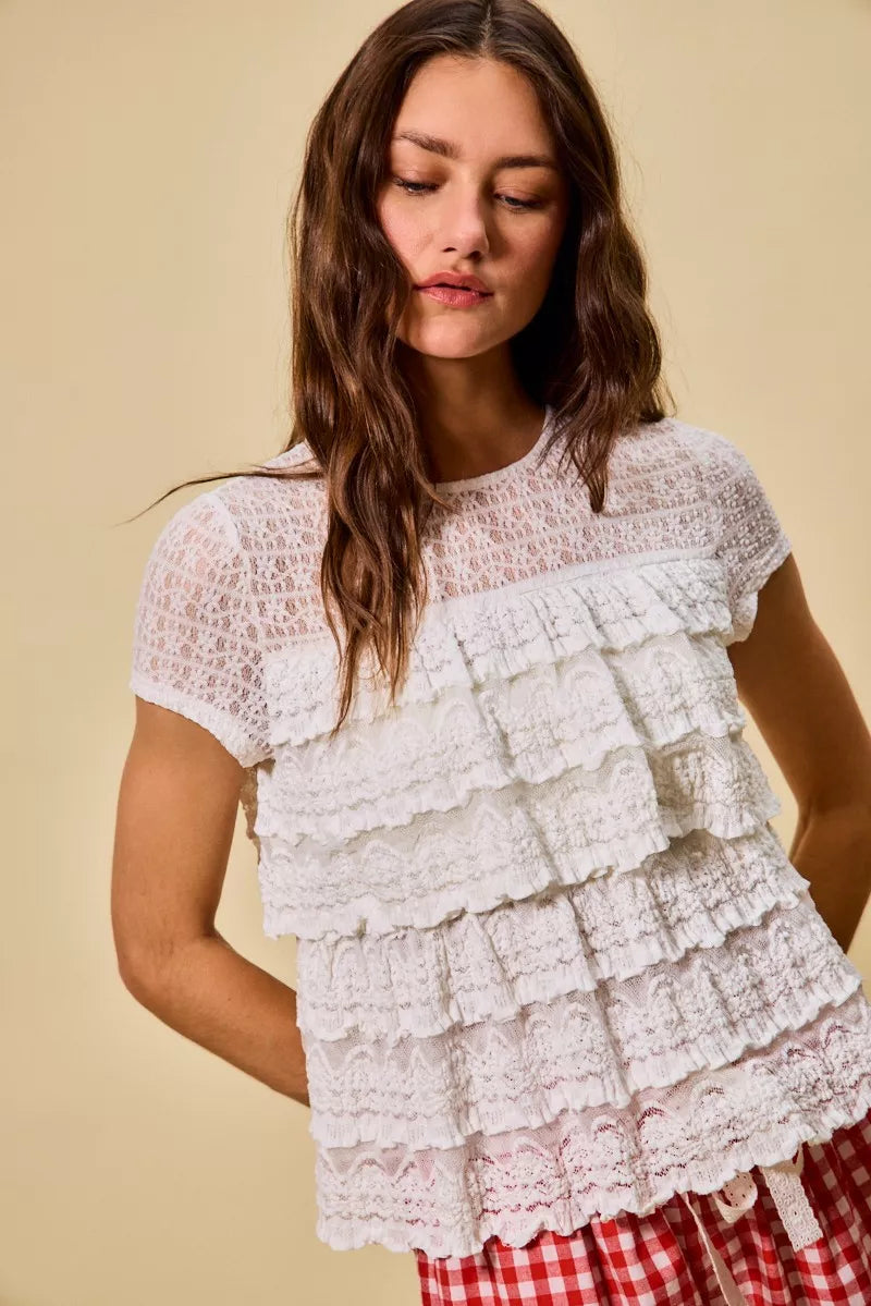 SO ME Ruffle Tiered Stretch Lace Short Sleeves Knit Top - Sleekdenim.com