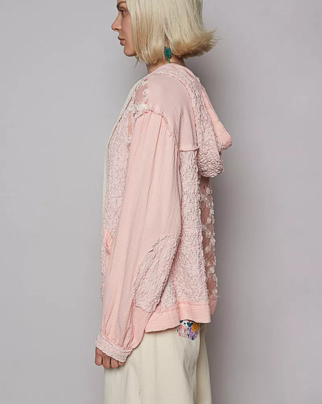 POL Exposed Seam Button Down Hooded Jacket with Lace Detail - Sleekdenim.com