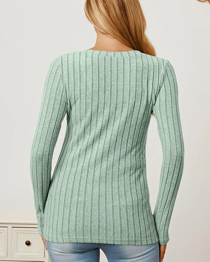 Basic Bae Full Size Ribbed V-Neck Long Sleeve T-Shirt - Sleekdenim.com