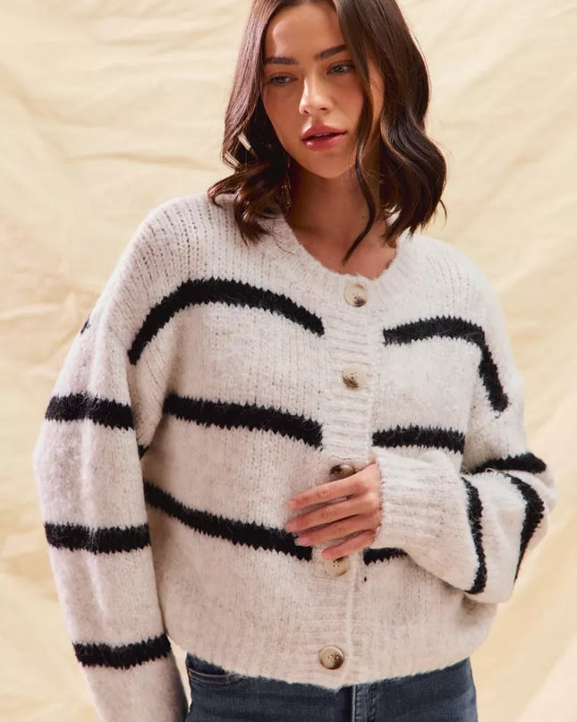 SO ME Stripe Soft Touch Button Cozy Sweater Cardigan - Sleekdenim.com
