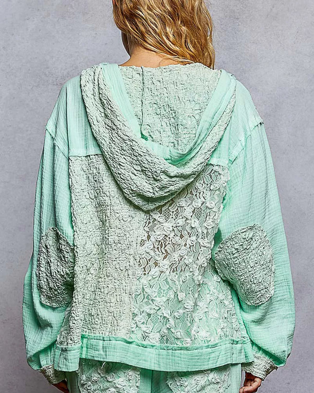 POL Exposed Seam Button Down Hooded Jacket with Lace Detail - Sleekdenim.com