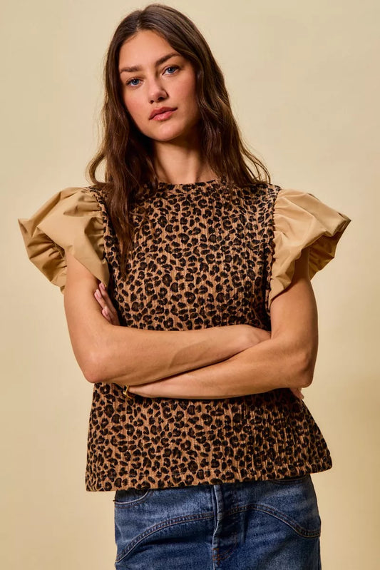 SO ME Leopard Pointelle Knit Top with Puff Sleeves - 4
