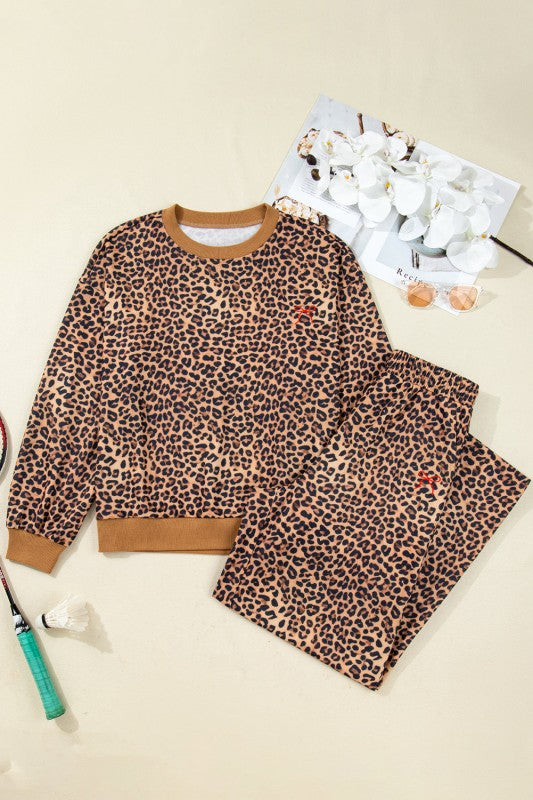 Leopard Bow Embroidered Pullover and Pants Set - Sleekdenim.com