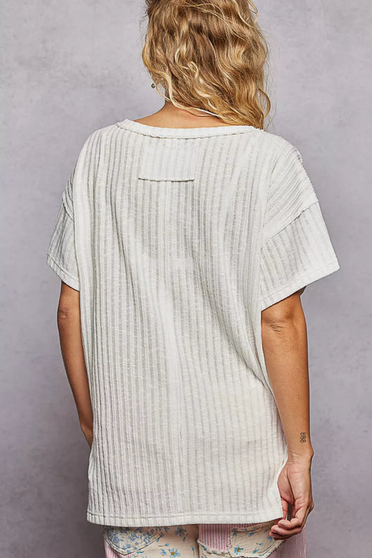 POL Ribbed Knit V-Neck Short Sleeve T-Shirt with Side Slit - Sleekdenim.com