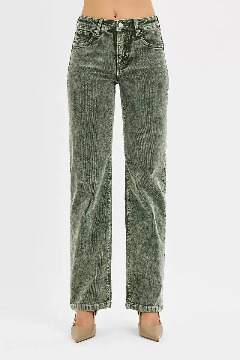 RISEN Tummy Control Mid Rise Straight Leg Corduroy Pants - Sleekdenim.com