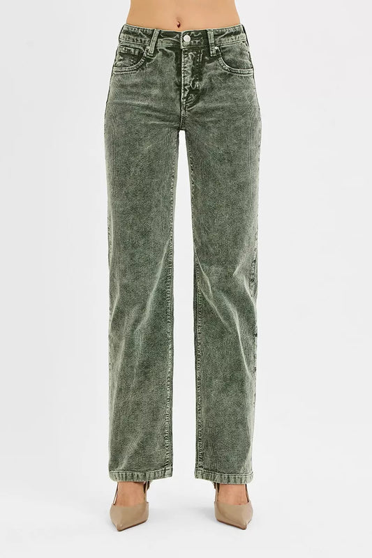 RISEN Tummy Control Mid Rise Straight Leg Corduroy Pants - Sleekdenim.com