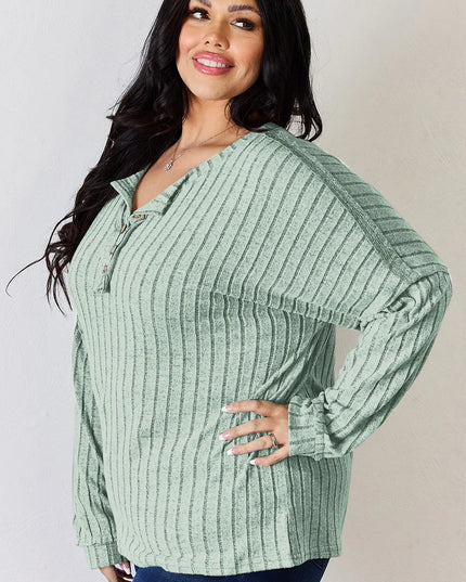 Basic Bae Full Size Ribbed Half Button Long Sleeve T-Shirt - Sleekdenim.com