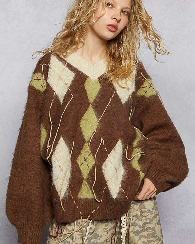 POL V-Neck Argyle Pattern Mohair Sweater with Contrast Exposed Stitch Detail - Sleekdenim.com