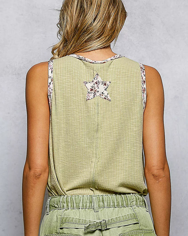 POL Floral Print Star Patch V-Neck Ribbed Tank - Sleekdenim.com